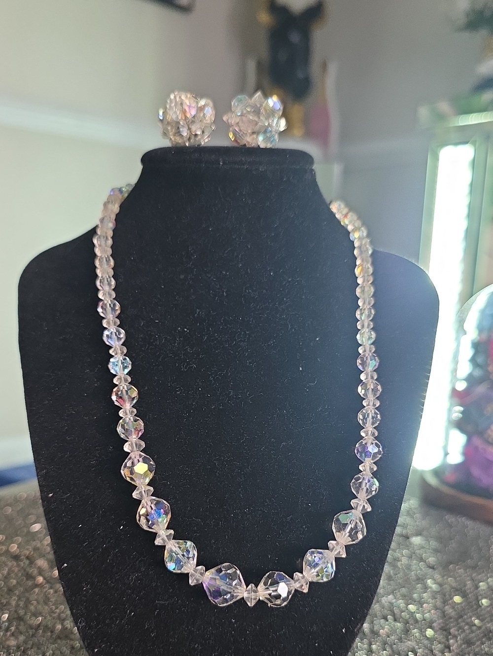 Vintage Iridescent Crystal Bead Necklace and Earrings - Clear with Rainbow Sheen